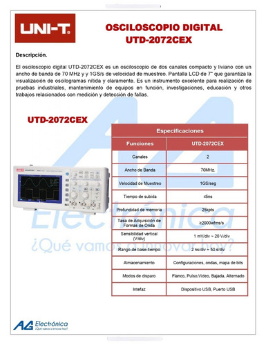 Osciloscopio 2 Ch 70 Mhz 1gs/s Color Modelo: Utd2072cex