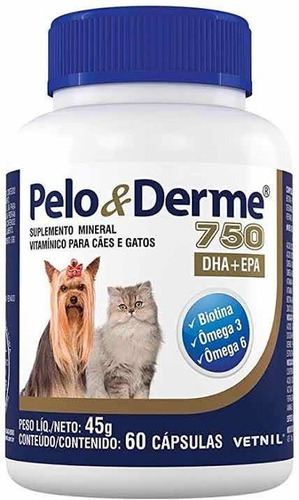 Pelo E Derme Para Cães E Gatos 750mg Dha+epa 60 Cápsulas