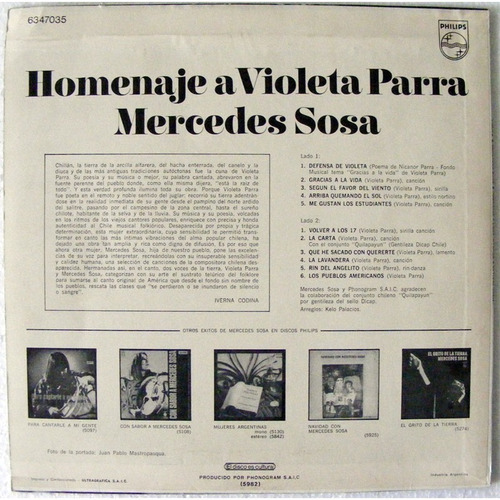 Cd Mercedes Sosa / Homenaje A Violeta Parra (1971)