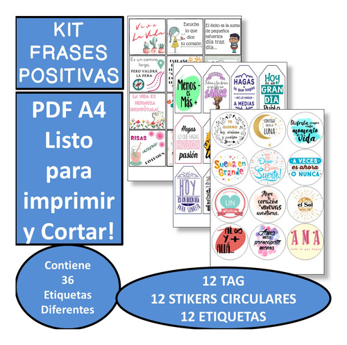 Kit Imprimible 01 Frases Color Stikers Tag Topper Emprender