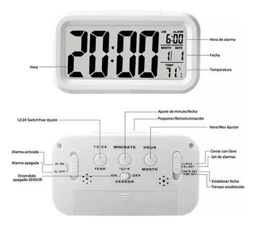 Reloj Despertador Digital Luz Lcd Temperatura Fecha