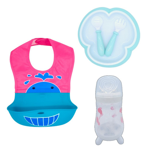 Kit Alimentación Bebés Set Plato Botella Babero Silicón