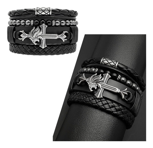 Pulseiras Masculinas Couro Kit C/04 Leão Negro Ajustável