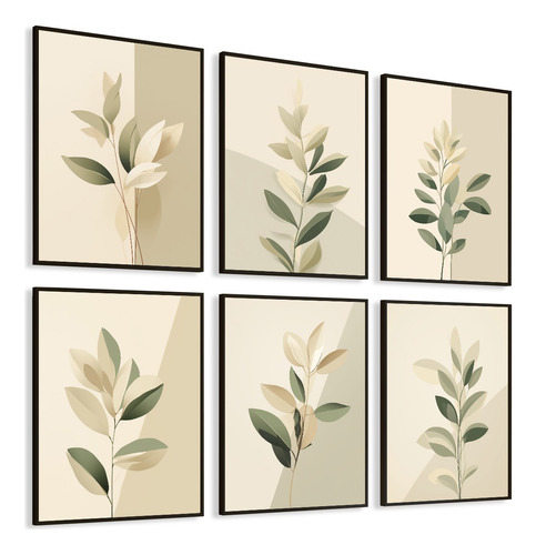 Kit 6 Quadros Decorativos Folhagens Bege Sala Moldura 33x43