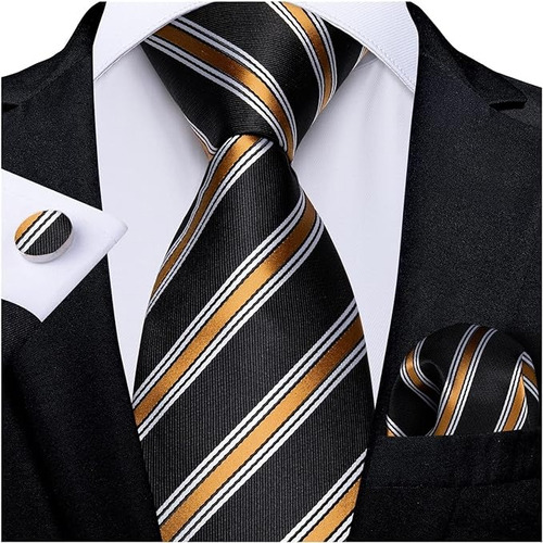 Set Corbata Pañuelo Mancuernillas Seda Negro Con Dorado 7740