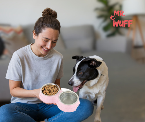 Plato comedero doble para perro con tazones de acero inoxidable MR Wuff color rosa