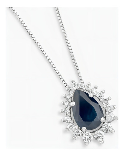 Pingente Em Ouro Branco Com Diamante, Safira Azul Cor Azul-turquesa