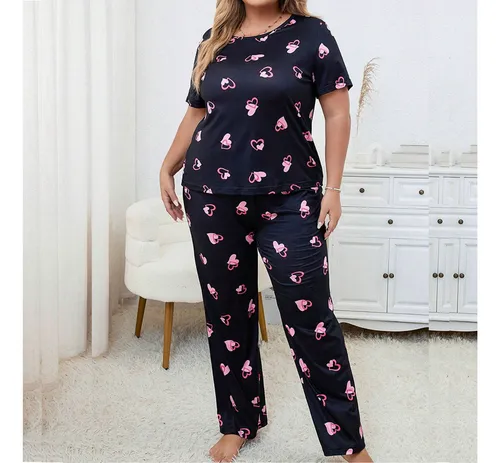 Pijama A La Moda Para Mujer, Talla Grande, Estampado, Cuello