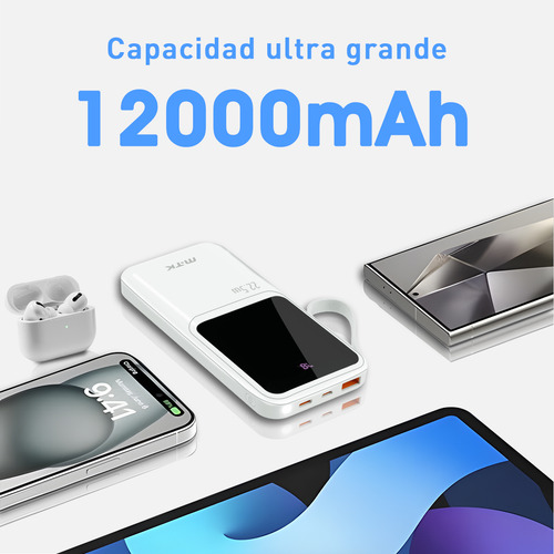 Mtk Power Bank Batería Portátil Cargador Td2148 12000mah Con Built In 2 Cables Lightning Tipo C Con Pantalla Digital Accesorios Para iPhone Samsung Xiaomi Etc Color Blanco
