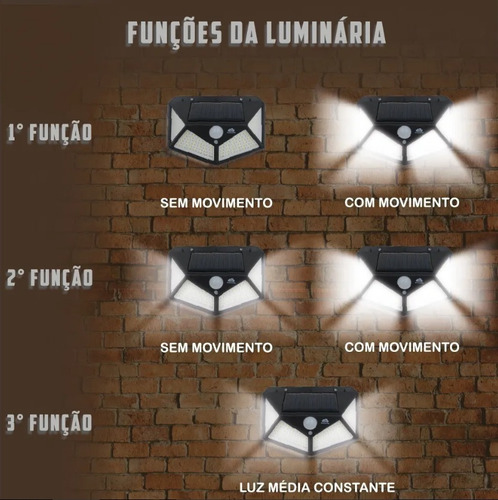 Imagem 9 de 9 de Luminária Solar Parede 100 Led Sensor Presença Prova D'água