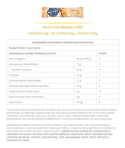 Barra De Cereais Nutry Aveia Banana E Mel 22g C/ 24 Unidades