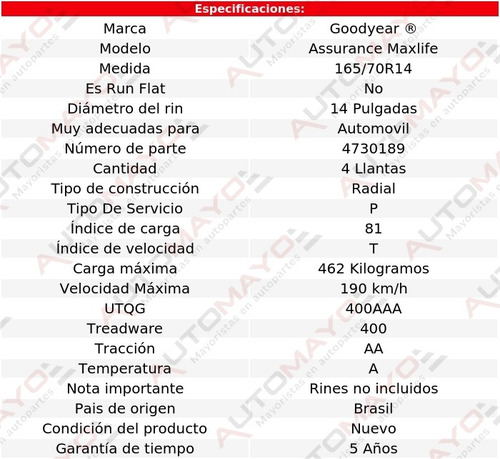 Pack 4 Llantas Assurance Maxlife Goodyear 165/70r14 81t