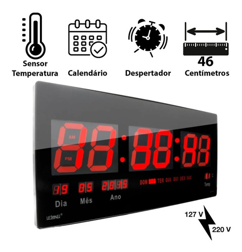 Relógio De Parede Grande Led Digital Academia Hospital 46 Cm Estrutura Preto Fundo Preto