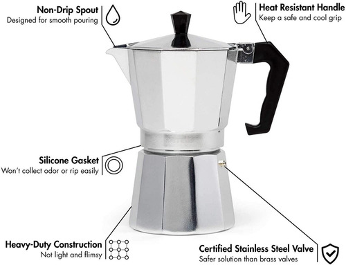 Cafetera Greca Estilo Italiana En Aluminio Para 6 Tazas