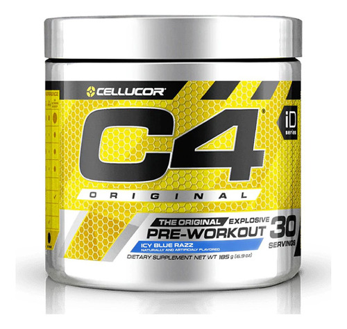 O Cellucor C4 Pre Workout aumenta sua energia pré-treino, melhora o desempenho, o foco e a resistência, com cafeína, beta alanina e creatina, sabor azul gelado, Razz, total de 30 serviços