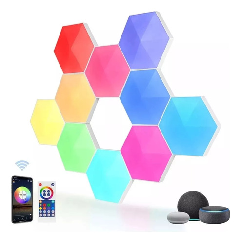 Set De 10 Luces Hexagonales Led Rgb Con Control Color Blanco