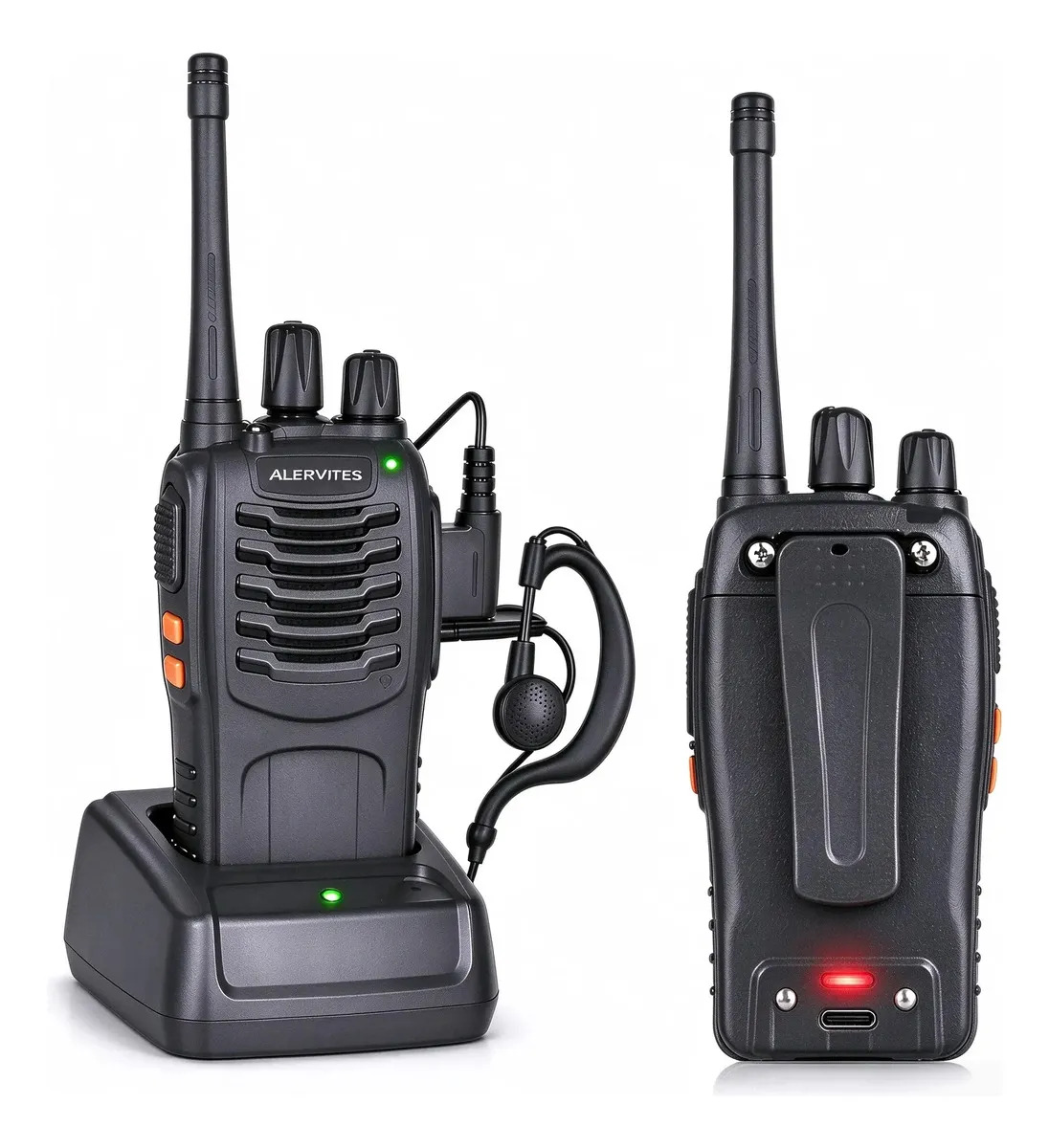 Walkie Talkie ALERVITES AT-888S 2 Portátiles Communication Radios UHF 400-470 MHz Recargables 1500mAh 16 Chanels VOX Manos Libres with Linterna Charge Base USB-C