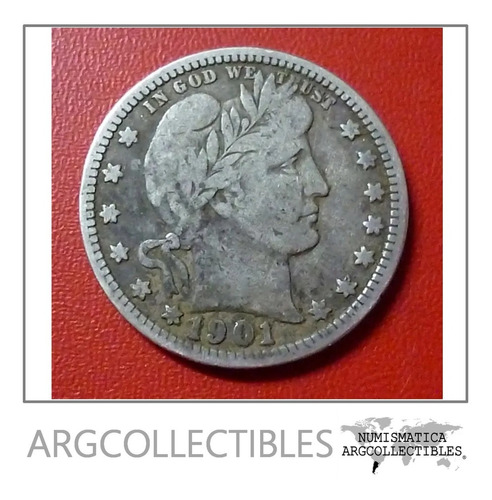 Usa Moneda 1/4 Dolar 1901 Plata 900 Barber Vf-