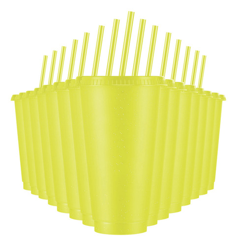 Vasos Reutilizables De 24 Oz Con Tapa Y Popote, 15 Piezas Color Amarillo