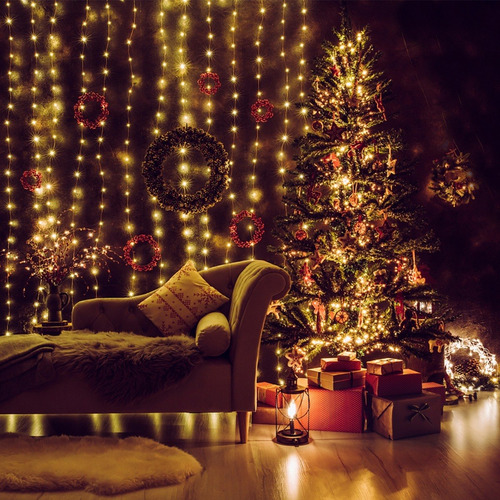 Imagen 7 de 10 de 3x3m Cortina Guirnalda Navidad Decorativa Fiesta Luz 300 Led