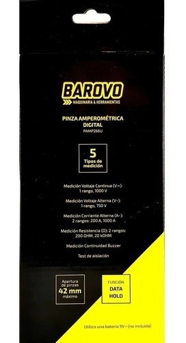 Pinza Amperometrica Digital Barovo Pamp266u Data Hold Funda