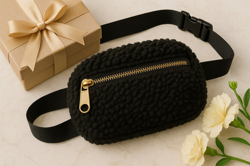 Cangurera Bandolera Riñonera Afelpada Para Dama Casual Moda Color Negro Diseño De La Tela Afelpado