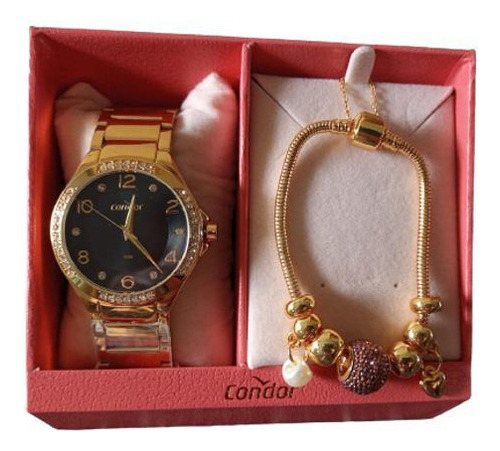Kit Relógio Condor Feminino Dourado + Pulseira Copc21aecm/4p