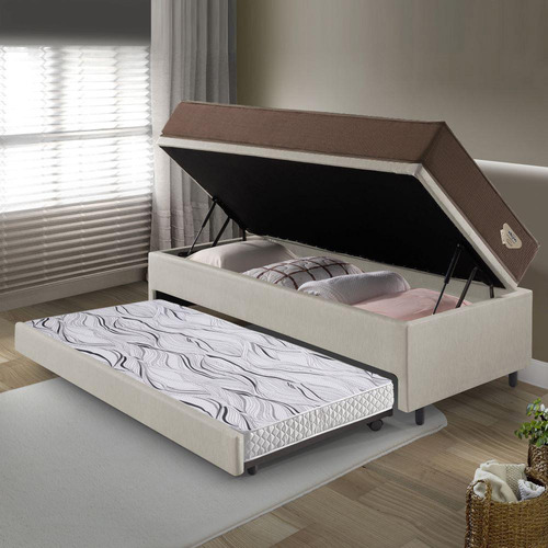 Bicama Baú Com Courino Bege 120 C/ Colchão Adorabile Ecoflex