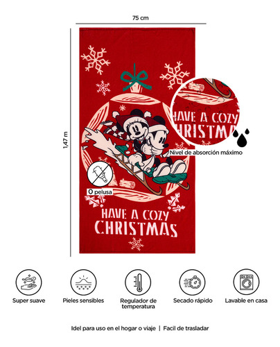 Toalla Premium Para Baño 75x147cm Mickey Navidad Esfera Color Rojo
