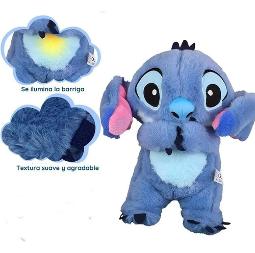 Stitch Respira Peluche Apego Antiestres Sonido Luz Suave Azul