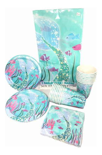 Fiesta P 16 Mermaid Cola Sirenas Platos Vaso Serv Mantel U2