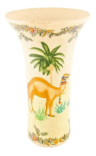 Vaso Em Cerâmica Craquelê Pintura Camelo, Coqueiros E Flores