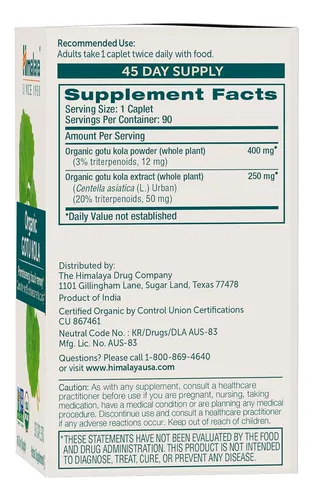 Himalaya Orgánica Gotu Kola, Refuerzo Cerebral Para Memoria Y Enfoque, Sin Omg, Vegano, Sin Gluten, 650 Mg, 90 Cápsulas