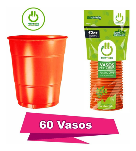 60 Vasos De Plástico Desechable Party Is On Color Naranja