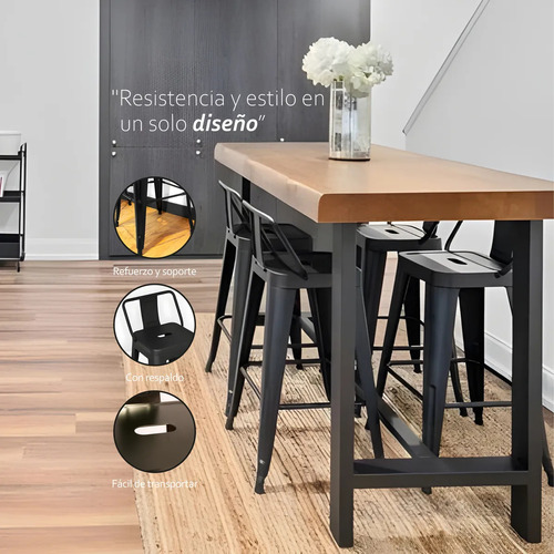 Set 2 Bancos Alto Respaldo Estructura Metálica Cocina Barra Color Negro