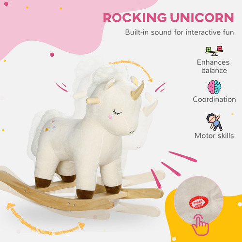 Caballo Mecedor Unicornio De Peluche Sonido Madera Blanco Color