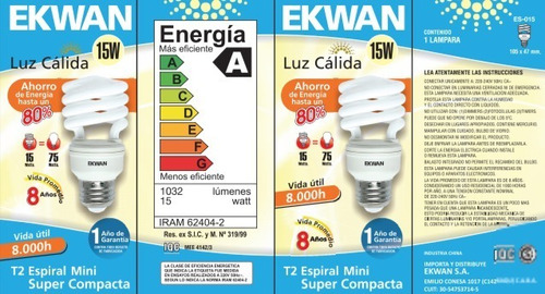 Imagen 2 de 2 de Lampara Fluorescente 15w Bajo Consumo Mini Espiral E27 Calid