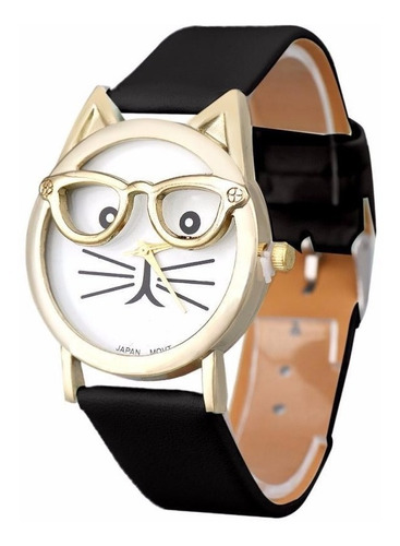 Relógio Gatinho De Óculos Pulseira Preta Bonito E Barato