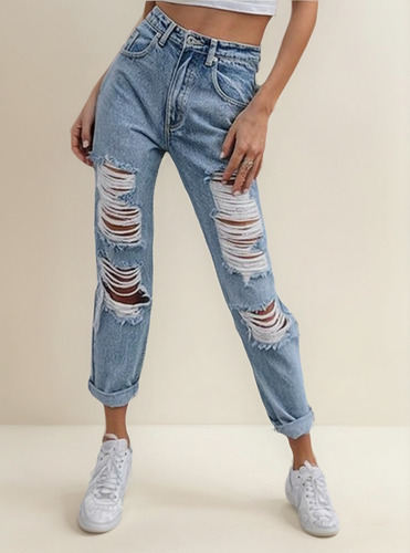 Pantalones Vaqueros Con Puños Tipo Jogger De Licra Rasgada P