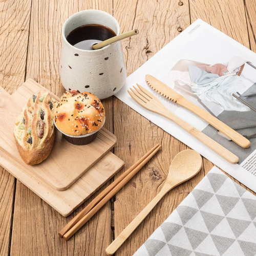 . Set Cubiertos De Bambu Con Estuche 7pz Ecologico Reutiliza