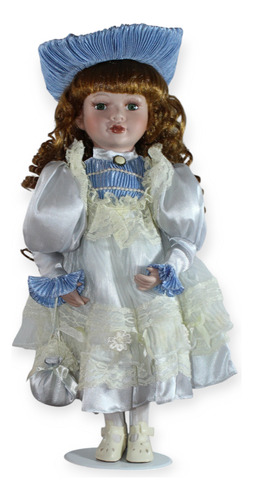 Muñeca E Porcelana Castaña Pelo Rizado Con Vestido Blanco (Usado)