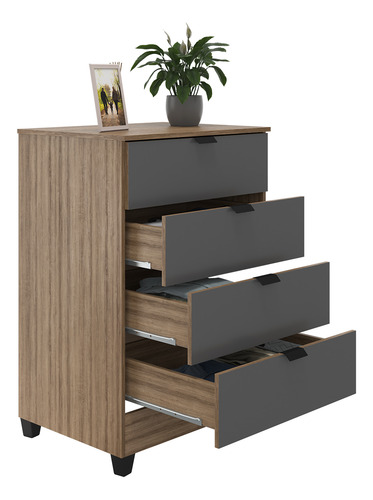 Cômoda Industrial Com 4 Gavetas Para Quarto De Casal: Organize Suas Roupas Com Estilo Moderno Em Cinza E Detalhes Madeirados, Ideal Para Ambientes Contemporâneos E Funcionais