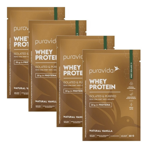 Whey Protein 100% Isolado Pura Vida - Kit 4 Saches 30g Cada Sabor Natural Vanilla