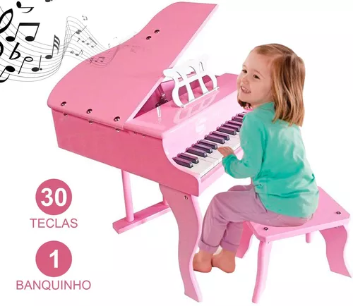 Piano de Madeira Acústico Infantil com 30 Teclas Rosa Instrumentos Musicais  Bambalalão Brinquedos Educativos