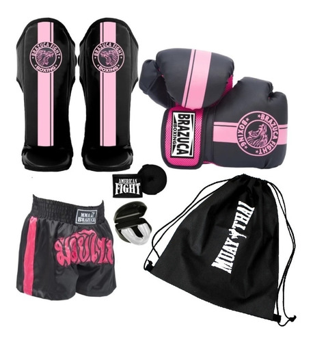 Kit Muay Thai Feminino Luva Caneleira Bolsa Shorts Completo