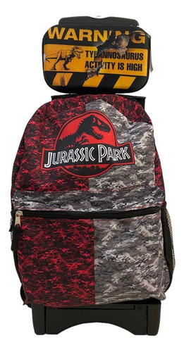 Mochila Jurássic Park Primaria Con Lapicera Color Negro Diseño De La Tela Dinosaurio