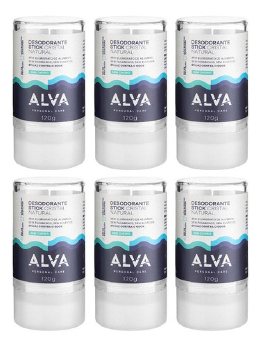 6 Un Alva Cristal Natural Desodorante Stick Com 120g Cada