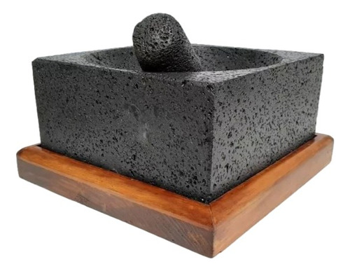 Molcajete Cuadrado Con Base De Madera  21 Cm 