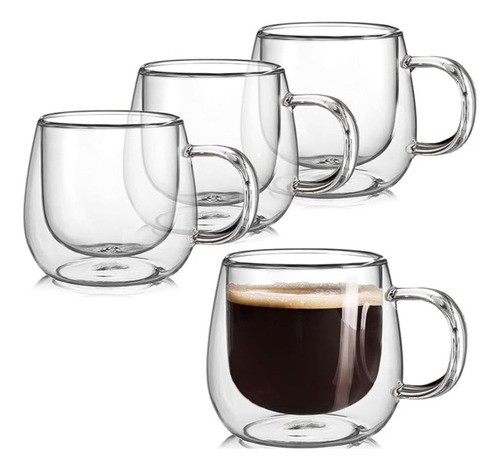 Pack X 4 Tazas De Vidrio Doble Pared Té Café Con Asas 250ml