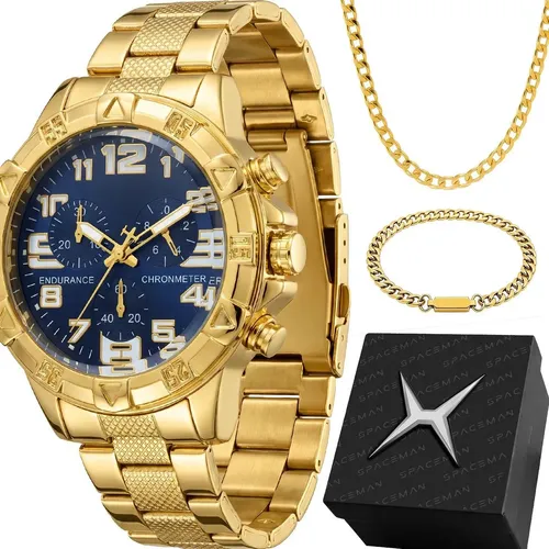Relogio Masculino Banhdo + Cordao Grumet + Caixa Pulseira Dourado Preto